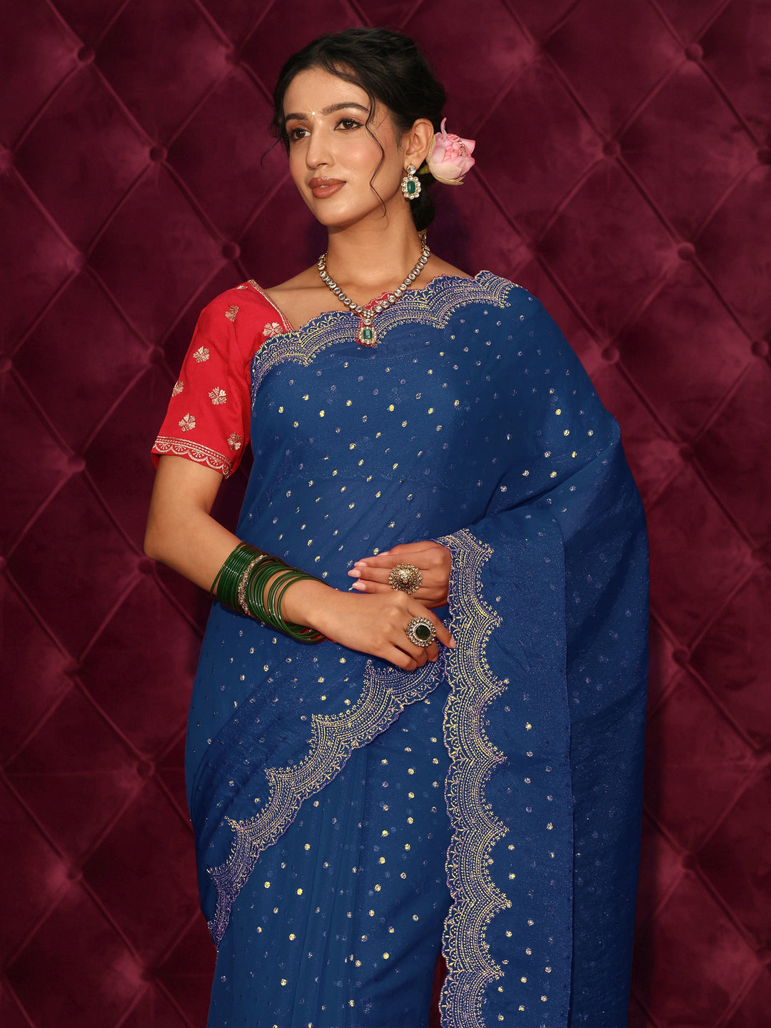 Libas Blue Woven Design Tissue Saree with Scalloped Border