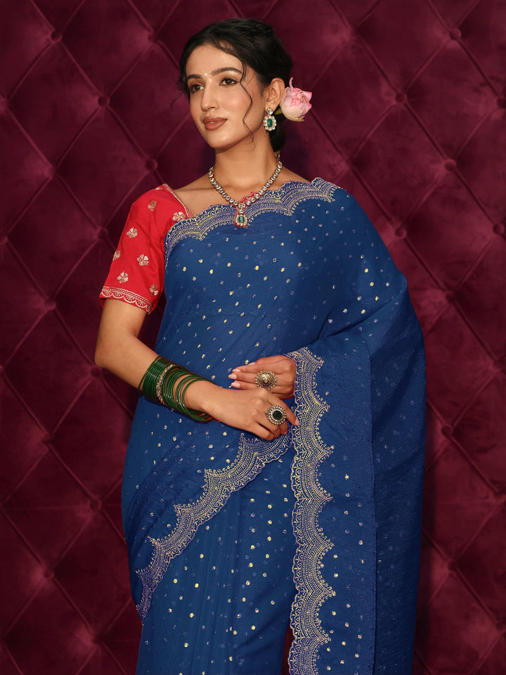 Libas Blue Woven Design Tissue Saree with Scalloped Border