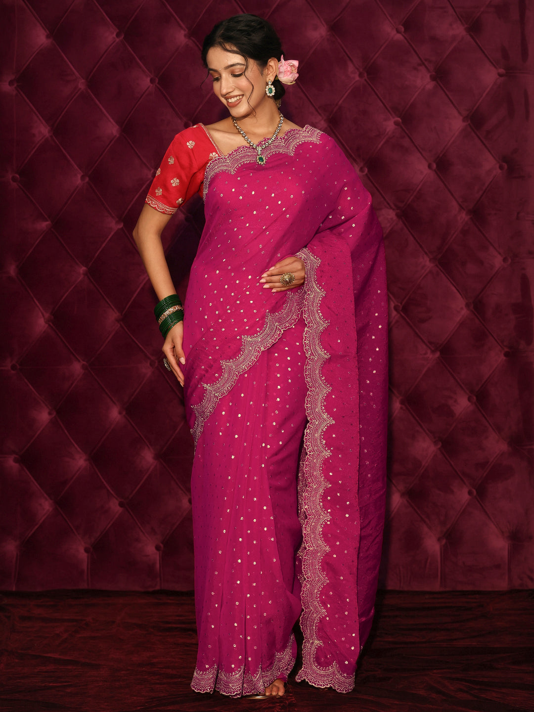 Libas Pink Woven Design Tissue Saree with Scalloped Border