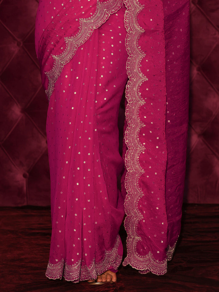 Libas Pink Woven Design Tissue Saree with Scalloped Border