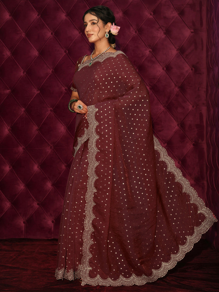 Libas Maroon Woven Design Tissue Saree with Scalloped Border