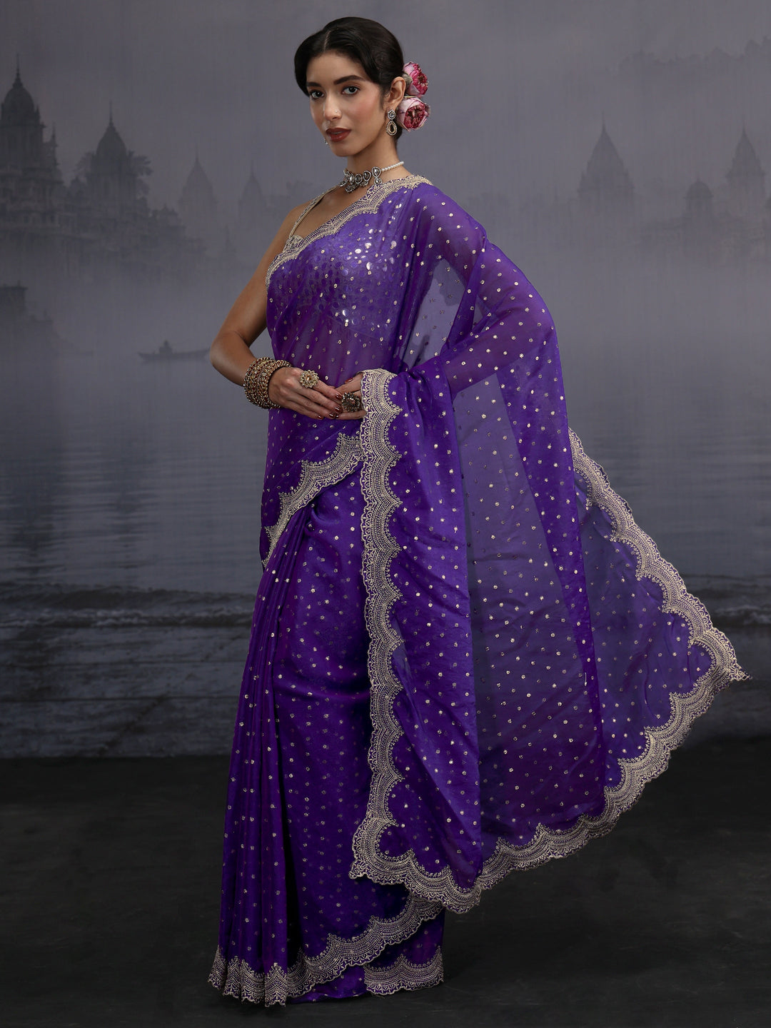 Libas Purple Woven Design Tissue Saree with Scalloped Border