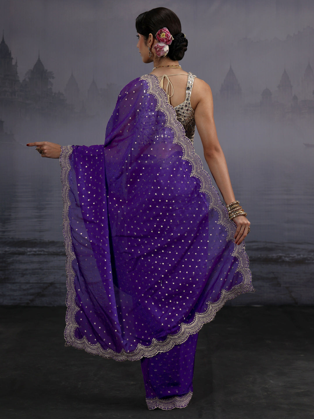Libas Purple Woven Design Tissue Saree with Scalloped Border