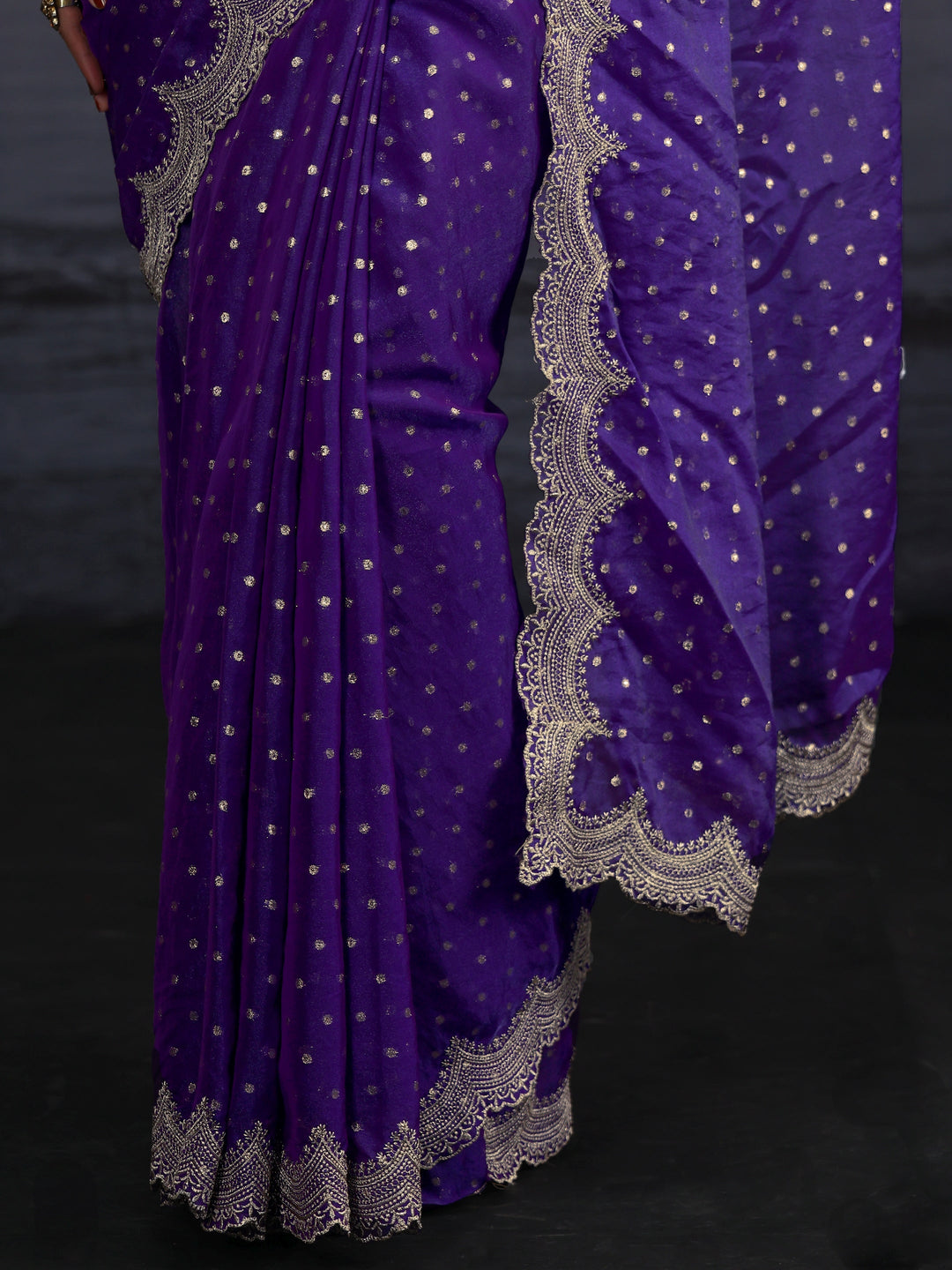 Libas Purple Woven Design Tissue Saree with Scalloped Border