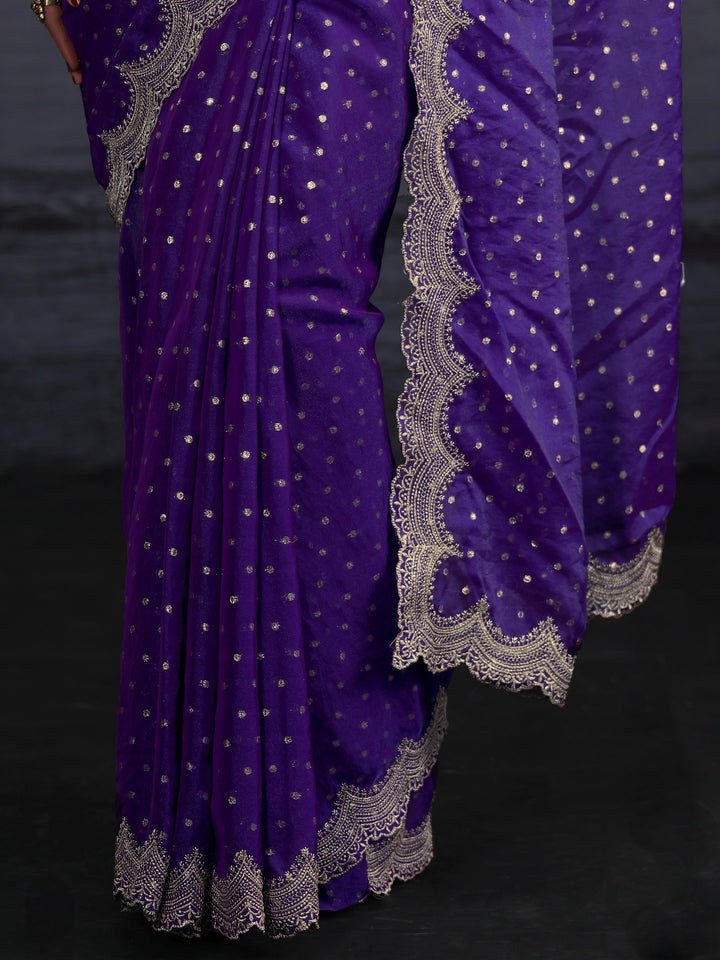 Libas Purple Woven Design Tissue Saree with Scalloped Border