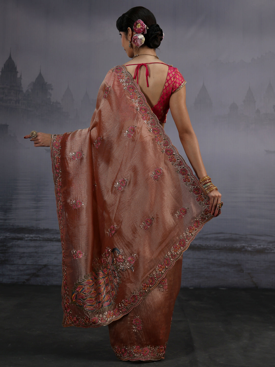 Libas Peach Floral Embroidered Tissue Saree