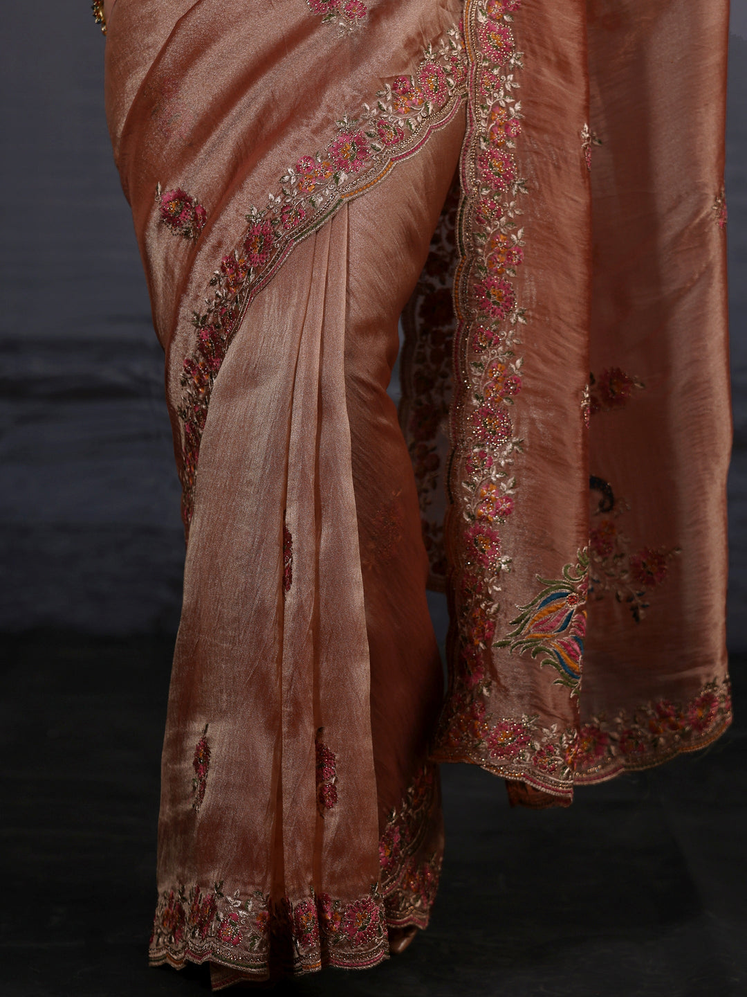 Libas Peach Floral Embroidered Tissue Saree