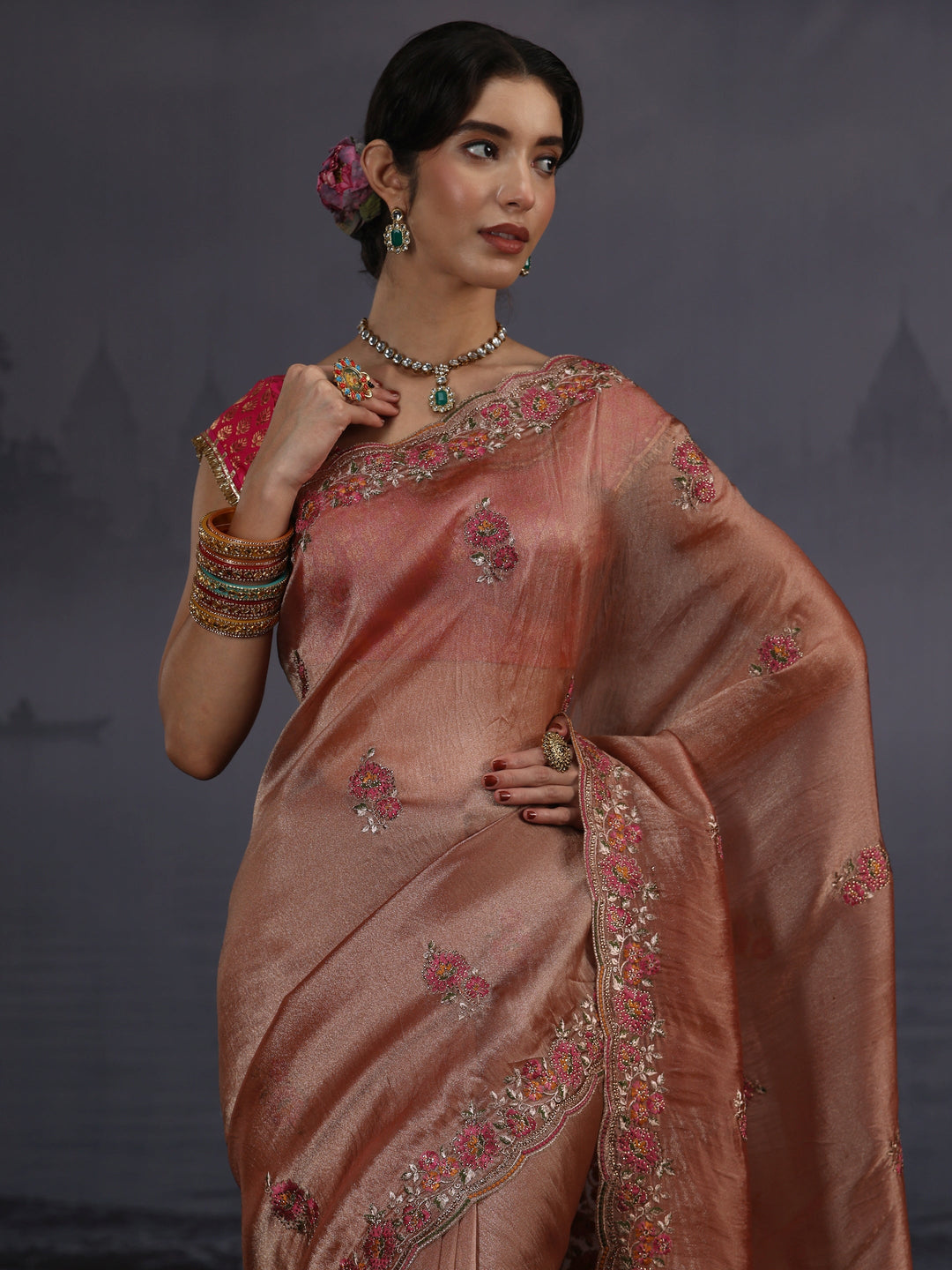Libas Peach Floral Embroidered Tissue Saree