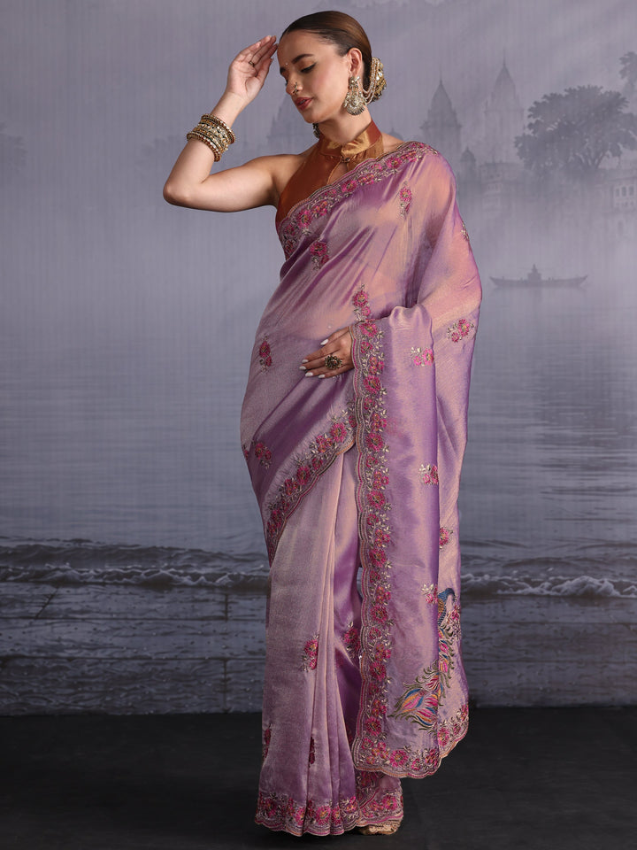 Libas Lavender Floral Embroidered Tissue Saree with Scalloped Border