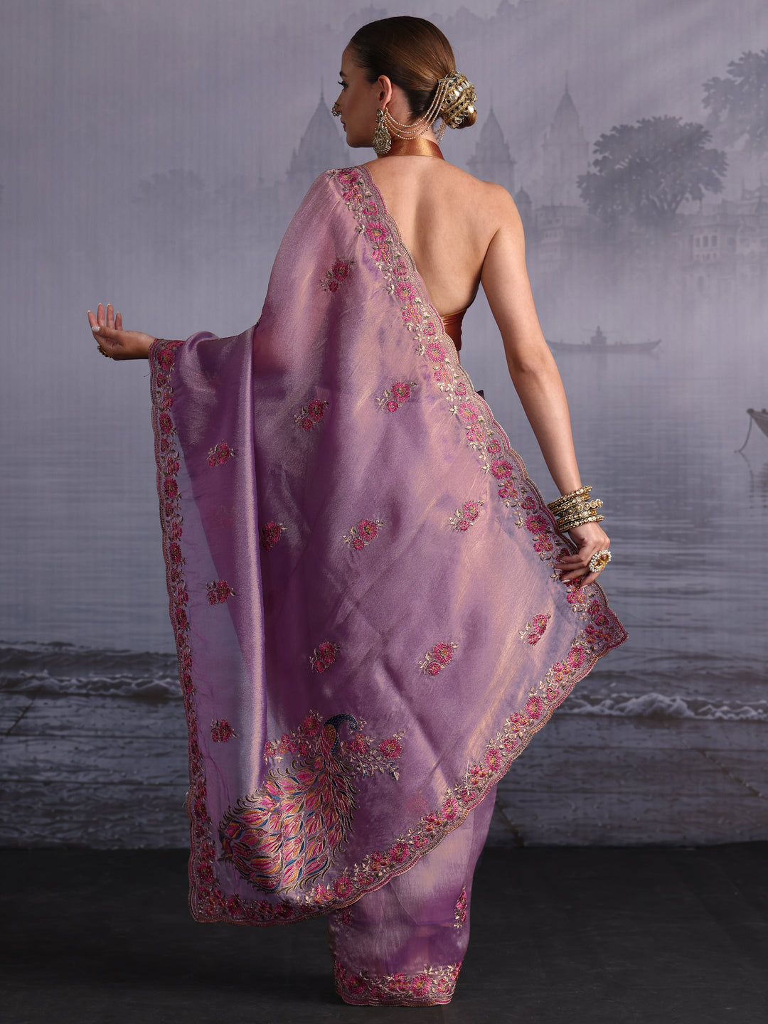 Libas Lavender Floral Embroidered Tissue Saree with Scalloped Border