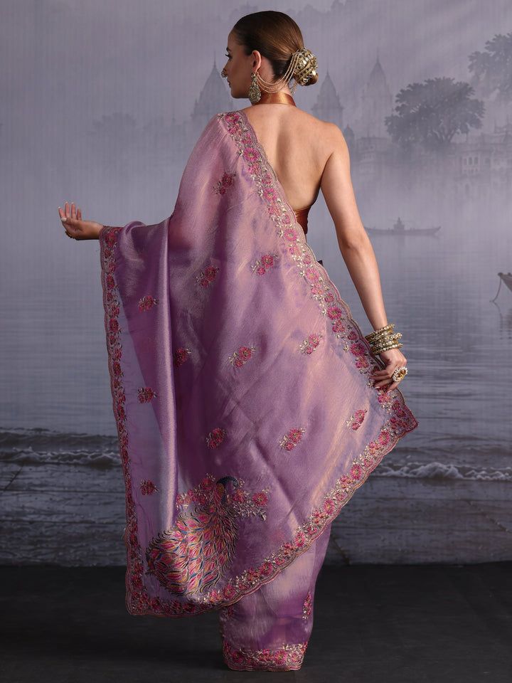 Libas Lavender Floral Embroidered Tissue Saree with Scalloped Border