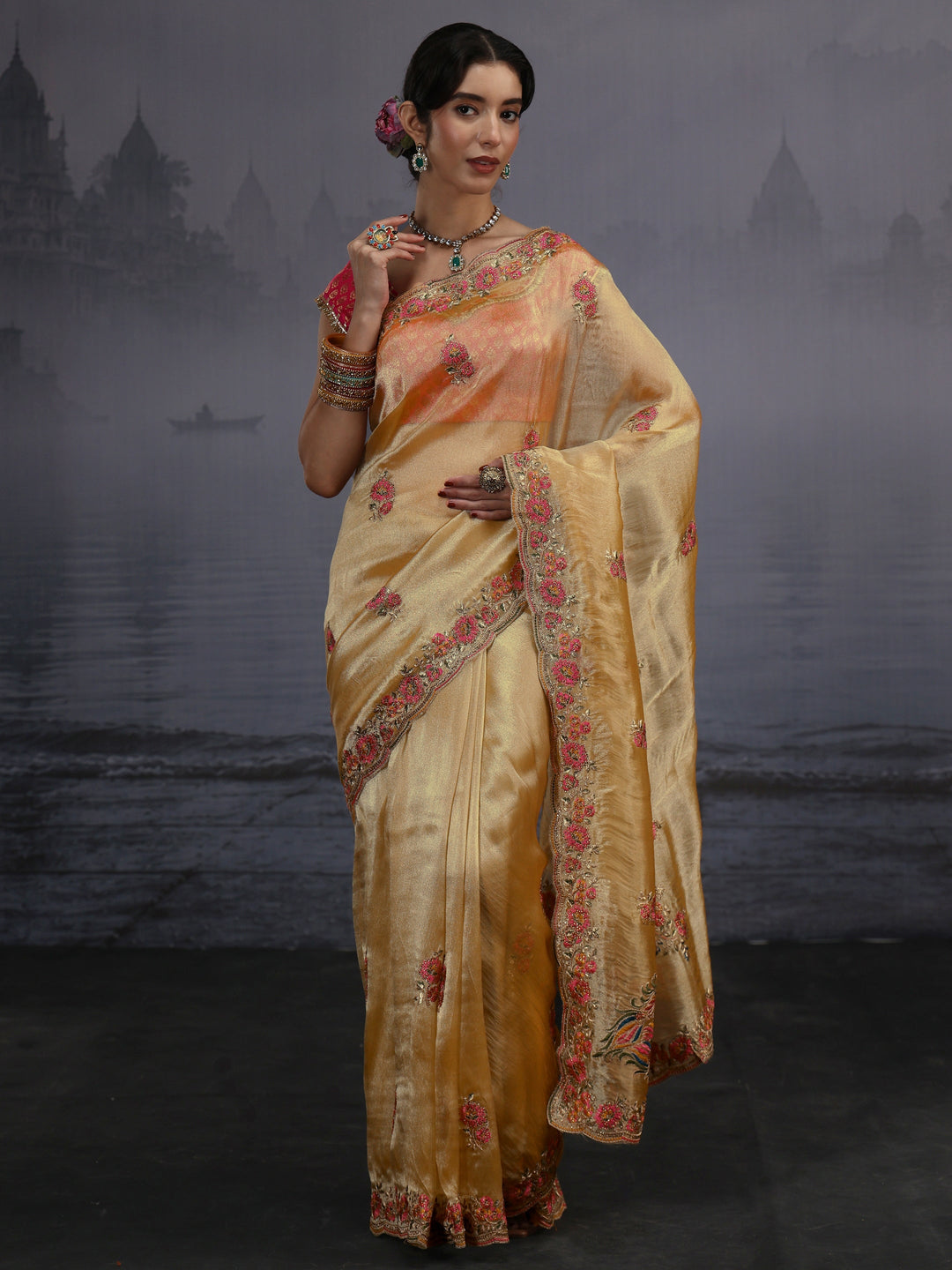 Libas Mustard Floral Embroidered Tissue Saree