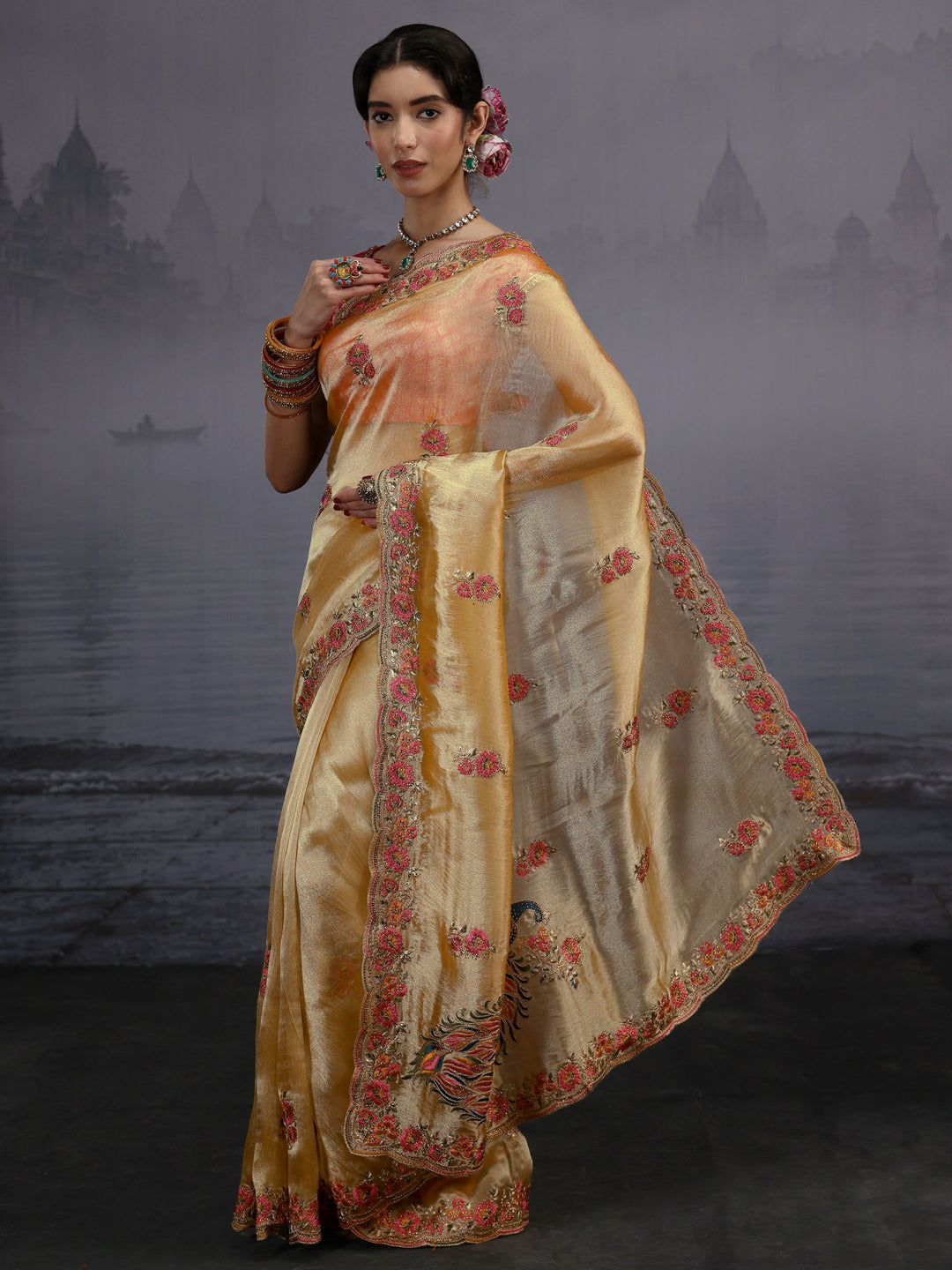 Libas Mustard Floral Embroidered Tissue Saree