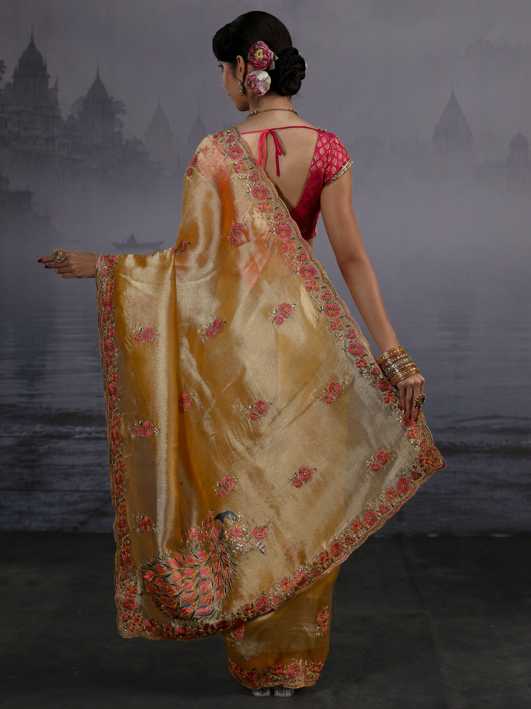 Libas Mustard Floral Embroidered Tissue Saree