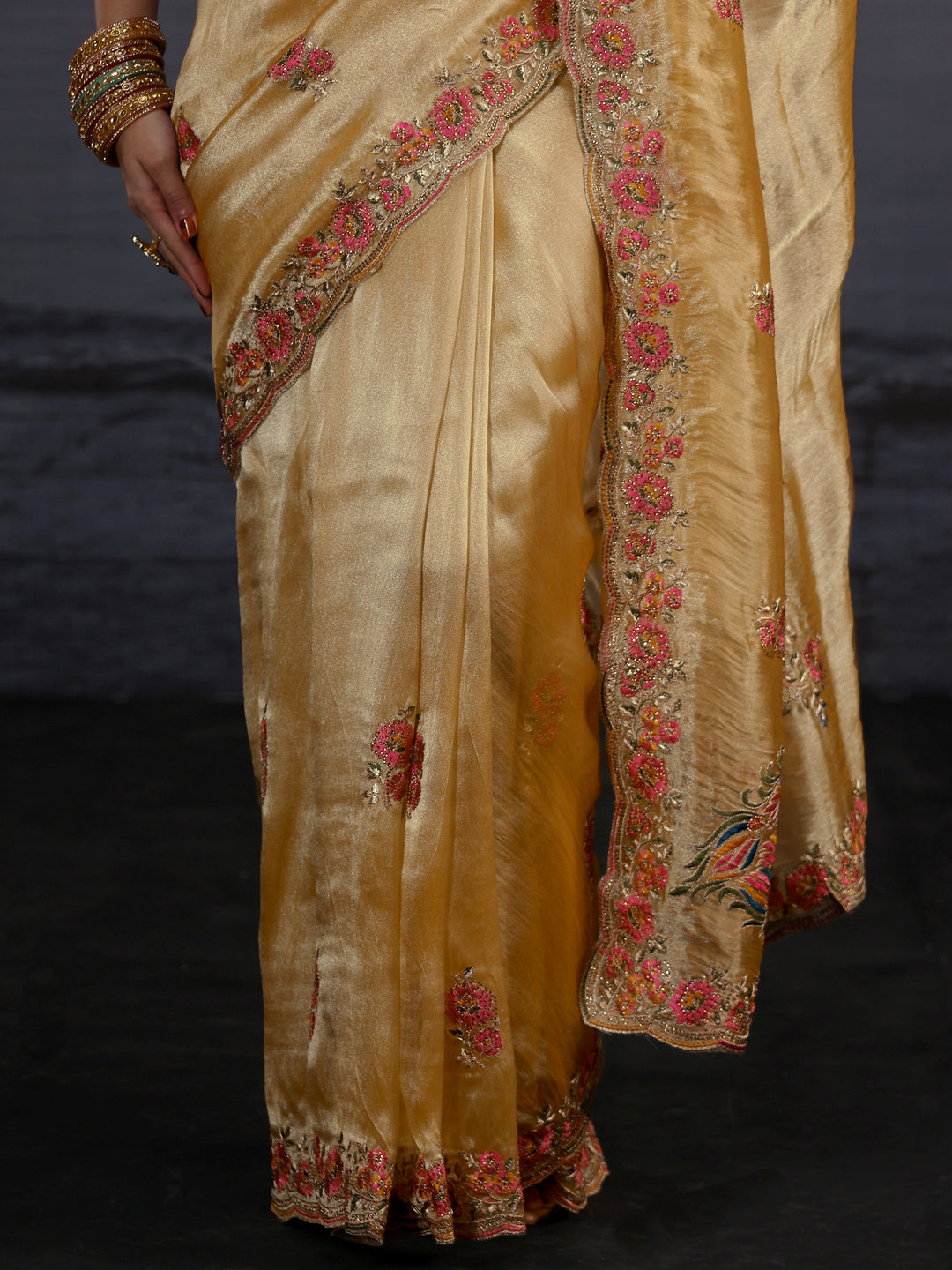 Libas Mustard Floral Embroidered Tissue Saree