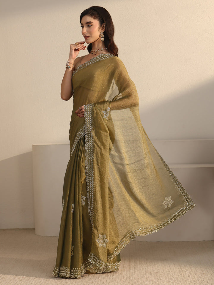 Libas Olive Green Stone Work Embellished Tissue Saree