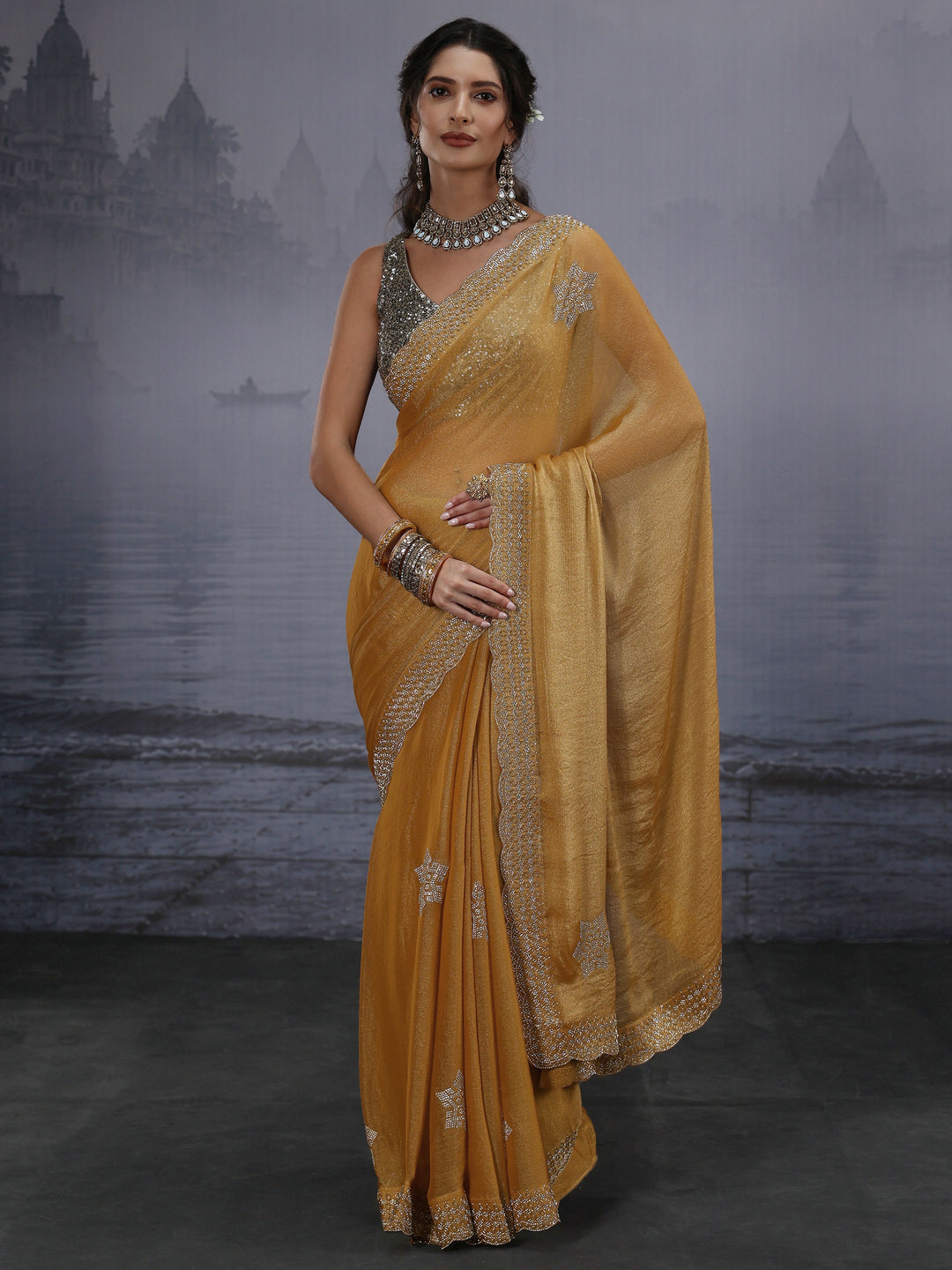 Libas Mustard Embellished Tissue Saree