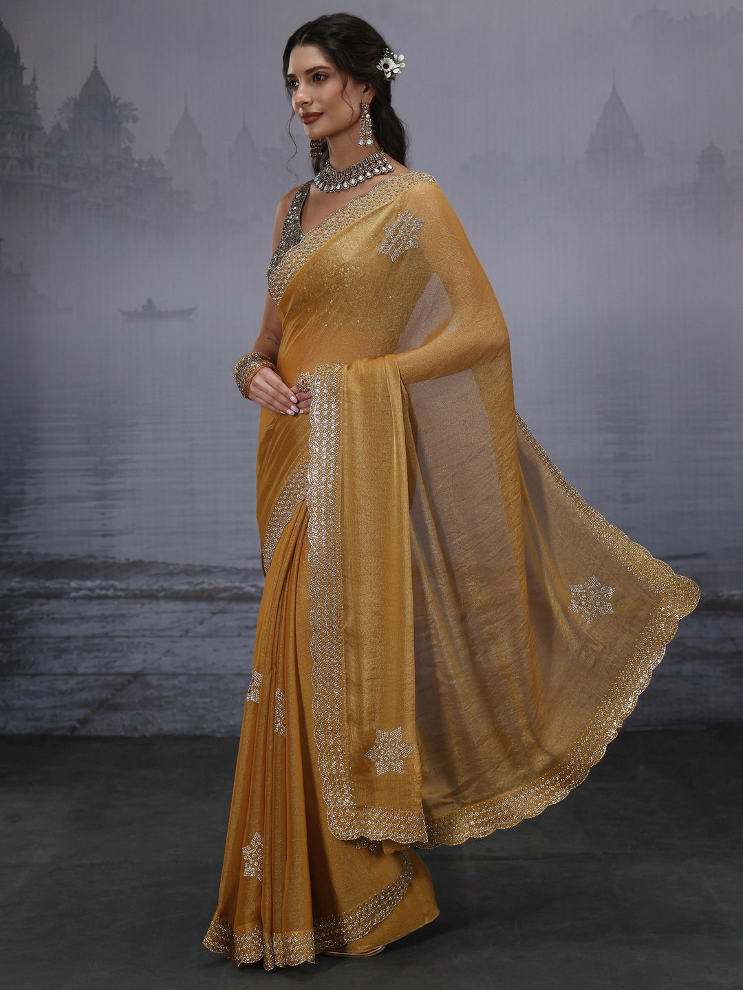 Libas Mustard Embellished Tissue Saree
