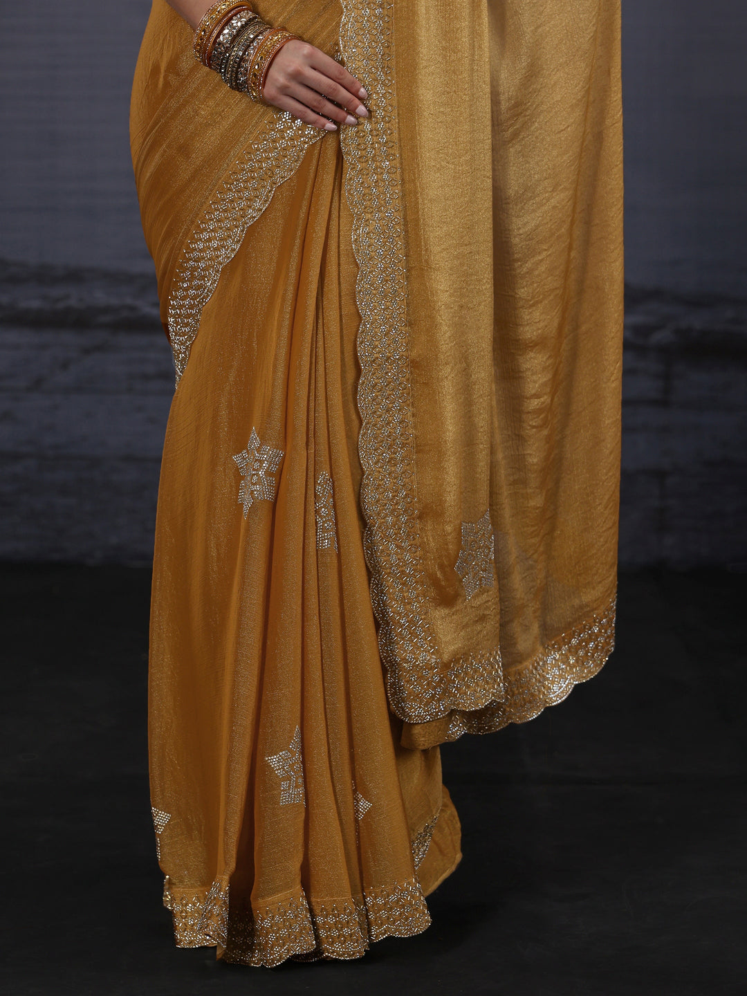Libas Mustard Embellished Tissue Saree