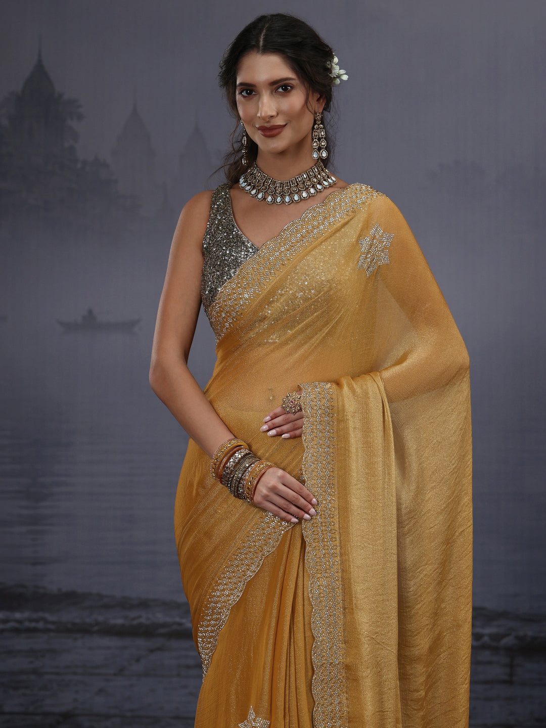 Libas Mustard Embellished Tissue Saree