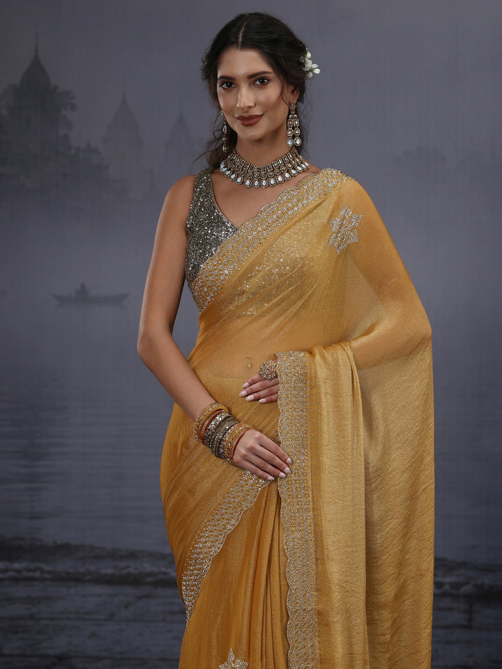 Libas Mustard Embellished Tissue Saree