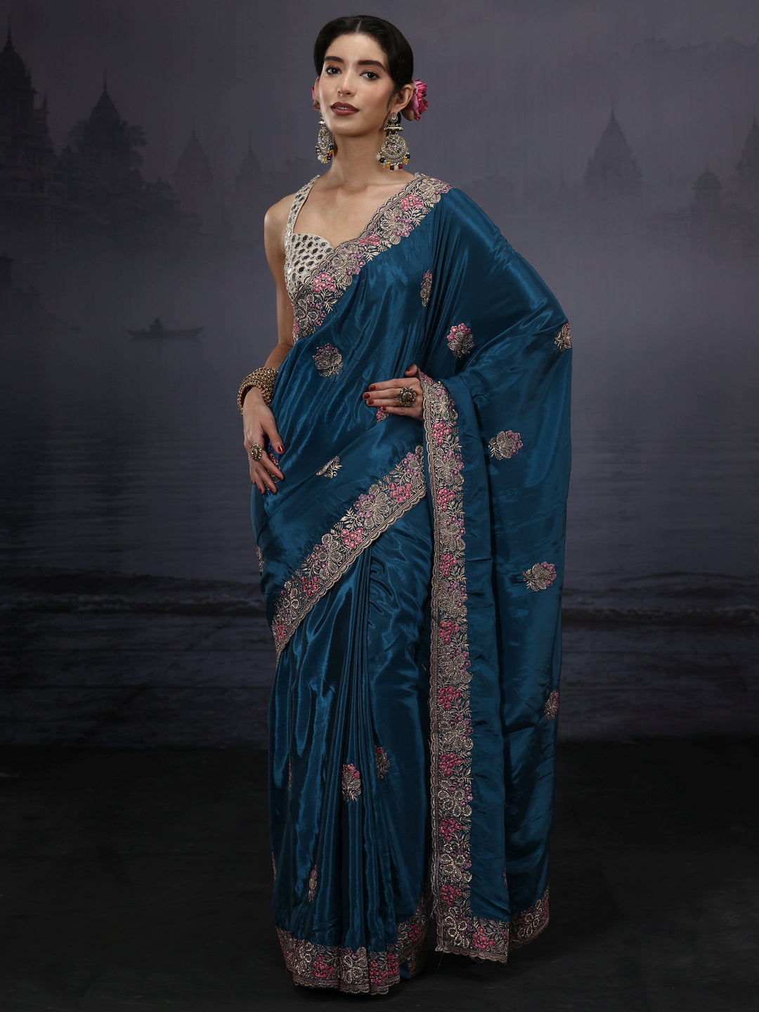 Libas Blue Floral Embroidered Satin Saree