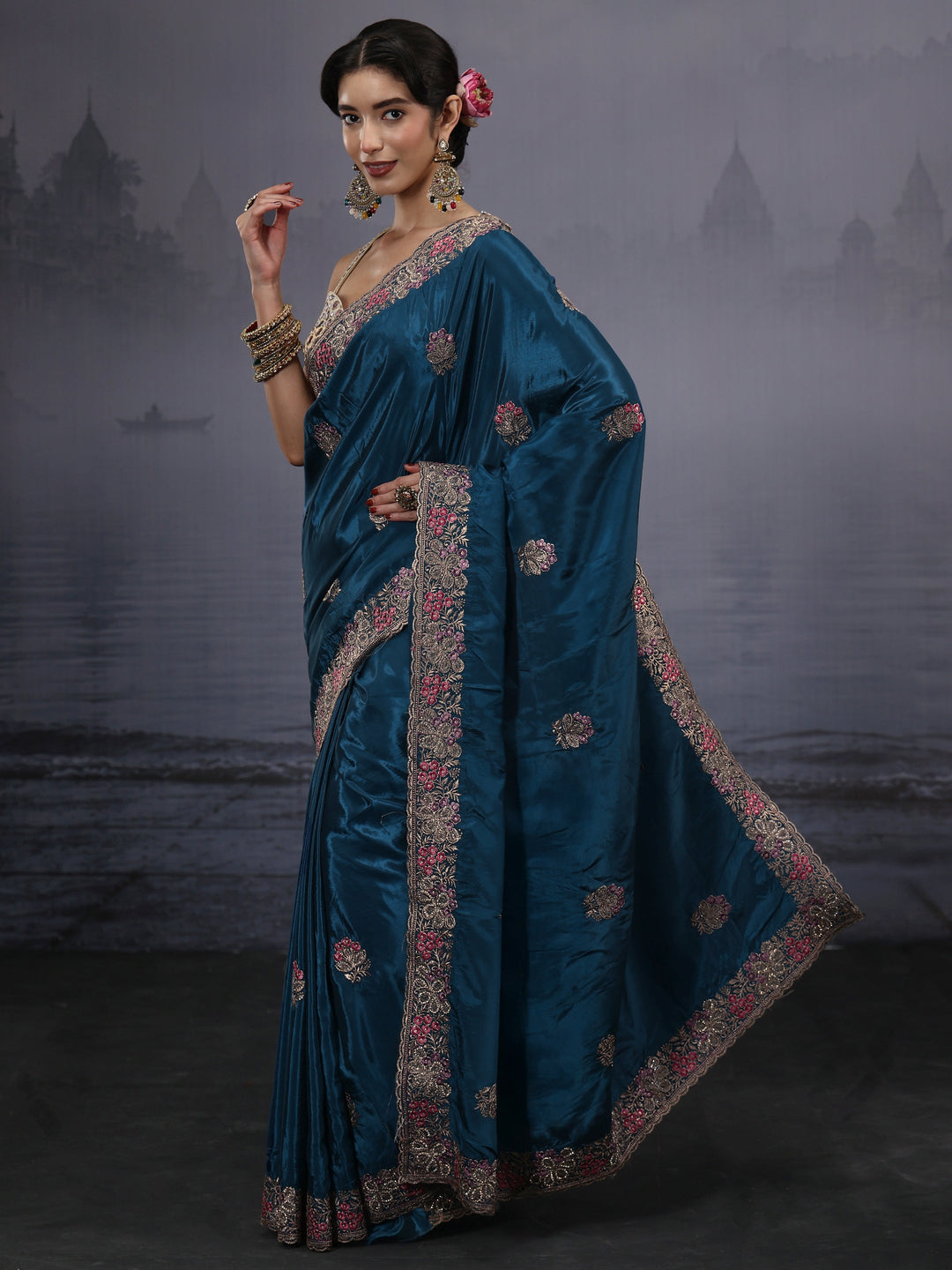 Libas Blue Floral Embroidered Satin Saree