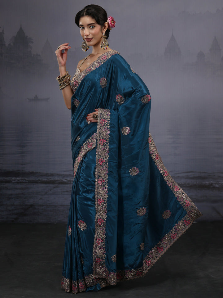 Libas Blue Floral Embroidered Satin Saree