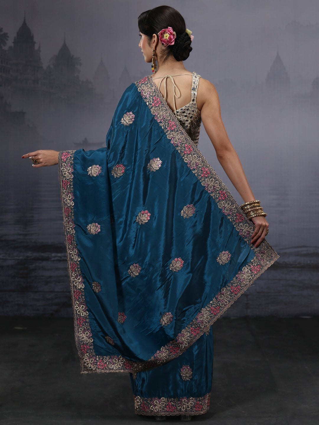 Libas Blue Floral Embroidered Satin Saree