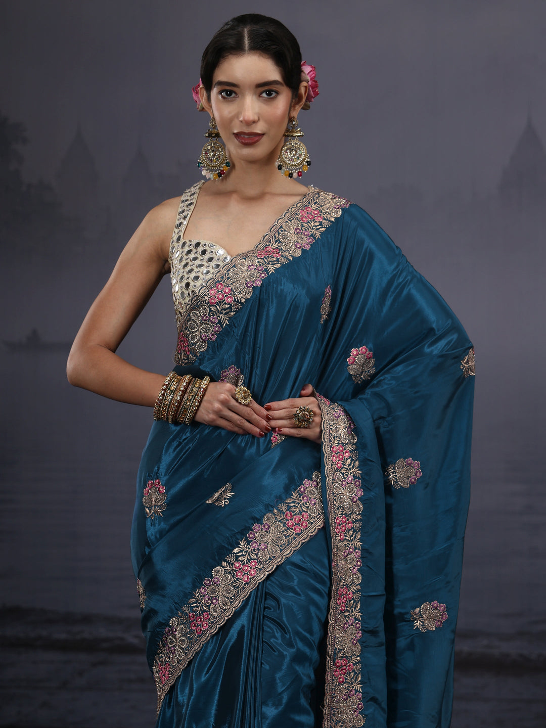 Libas Blue Floral Embroidered Satin Saree
