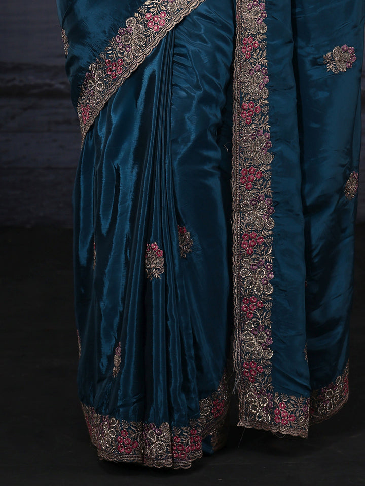 Libas Blue Floral Embroidered Satin Saree