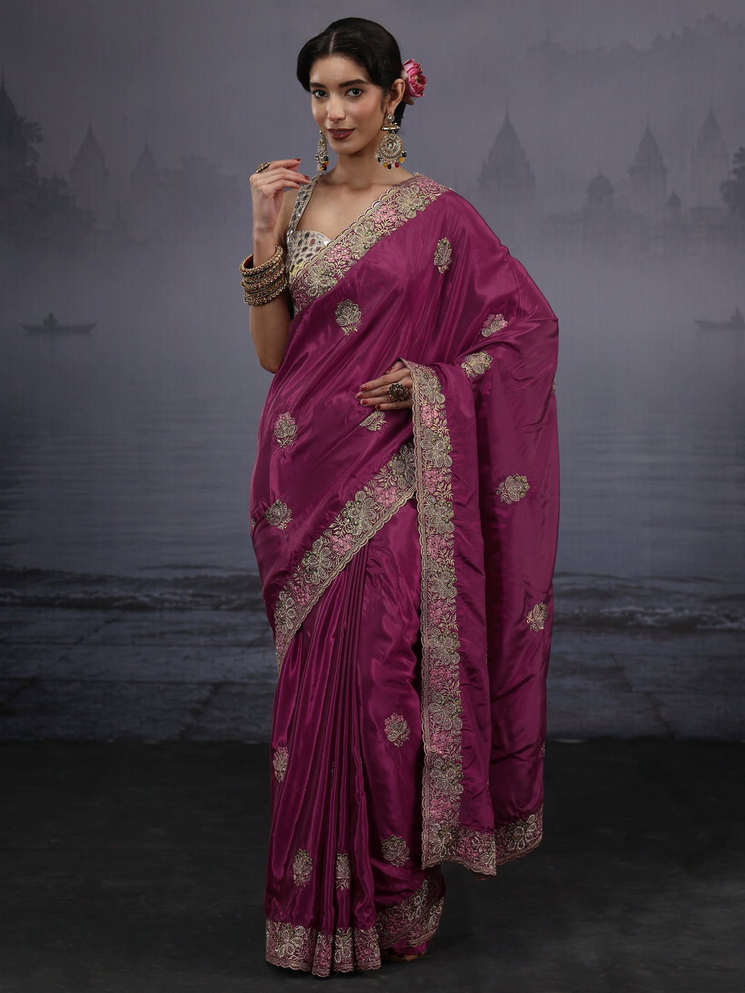 Libas Wine Floral Embroidered Satin Saree