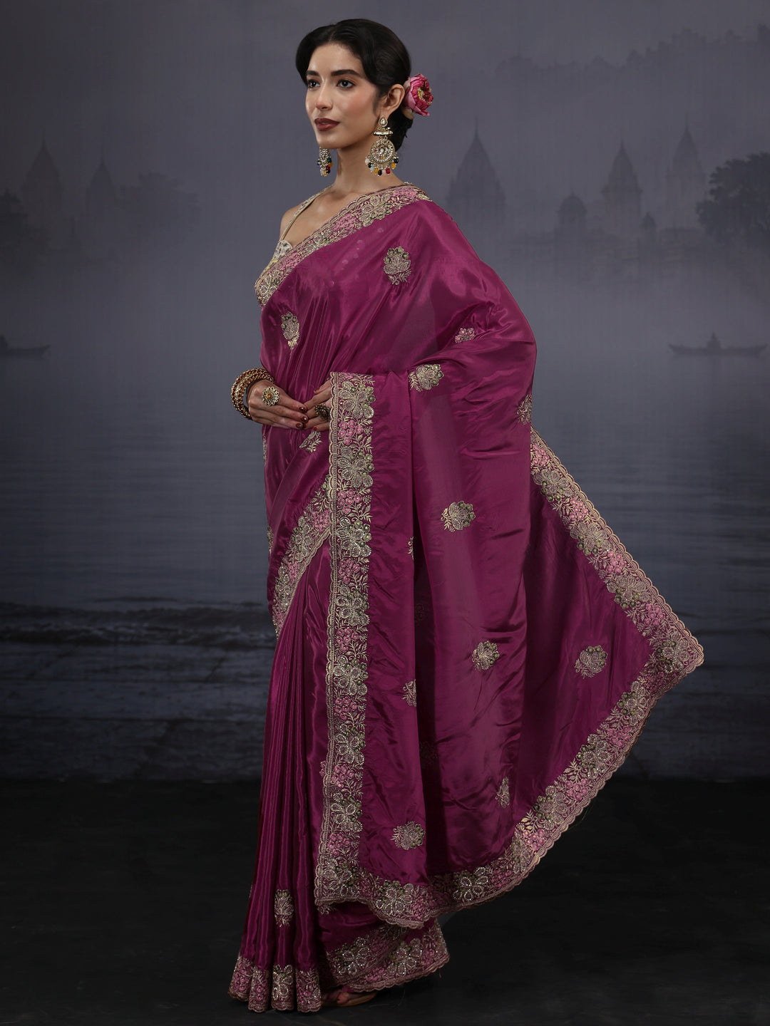 Libas Wine Floral Embroidered Satin Saree