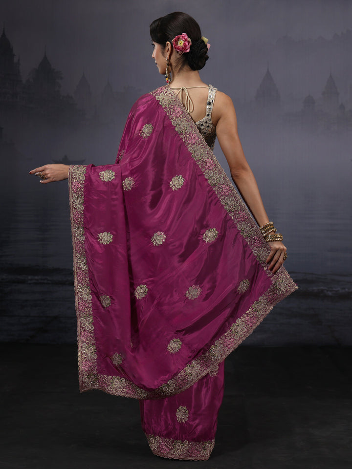 Libas Wine Floral Embroidered Satin Saree