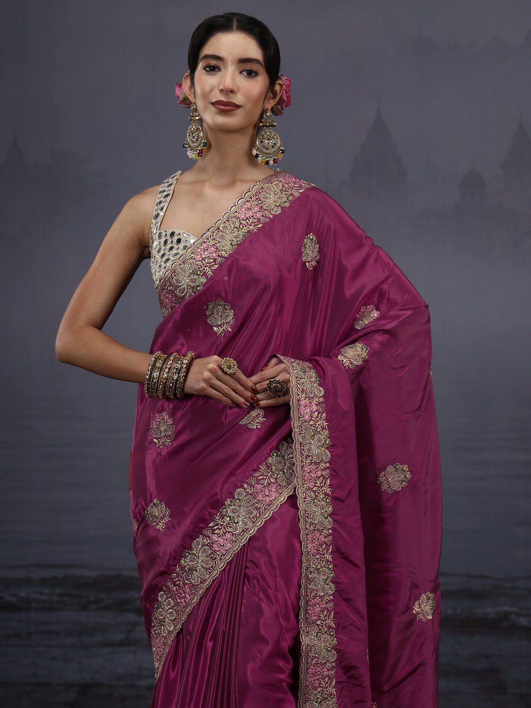Libas Wine Floral Embroidered Satin Saree