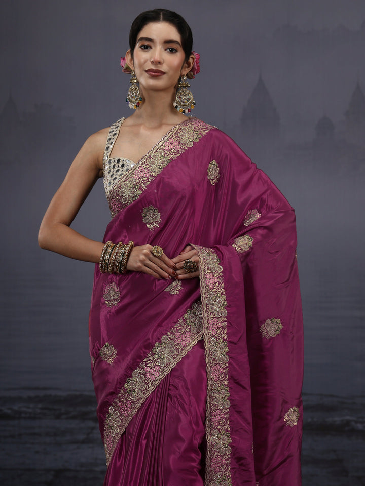 Libas Wine Floral Embroidered Satin Saree