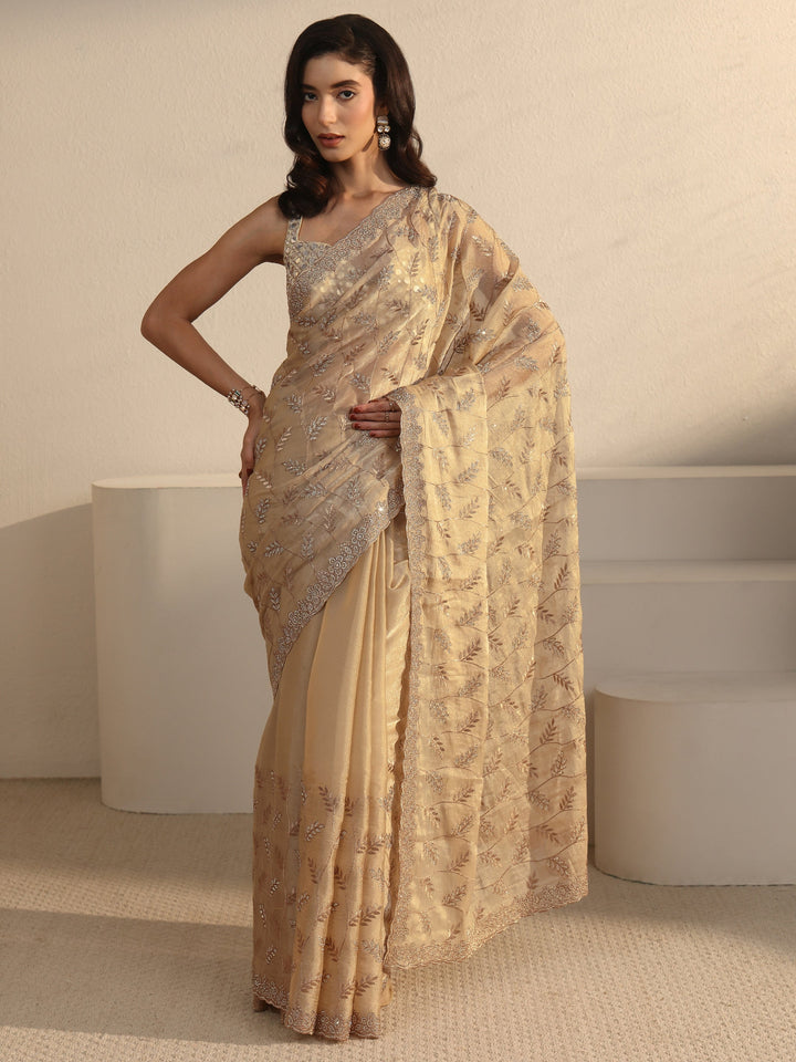 Libas Art Beige Leafy Stone Work Embellished Tissue Saree