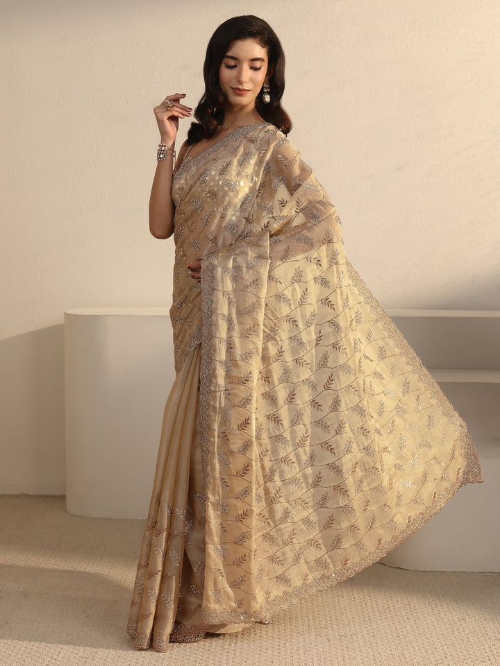 Libas Art Beige Leafy Stone Work Embellished Tissue Saree