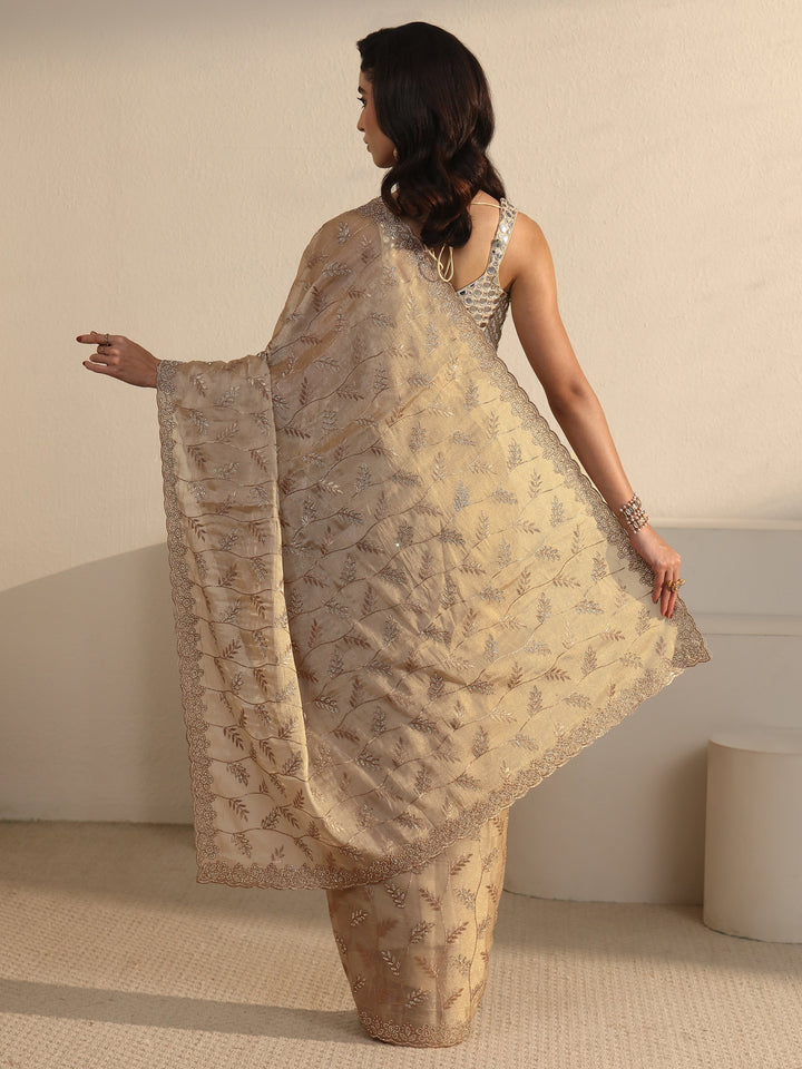 Libas Art Beige Leafy Stone Work Embellished Tissue Saree