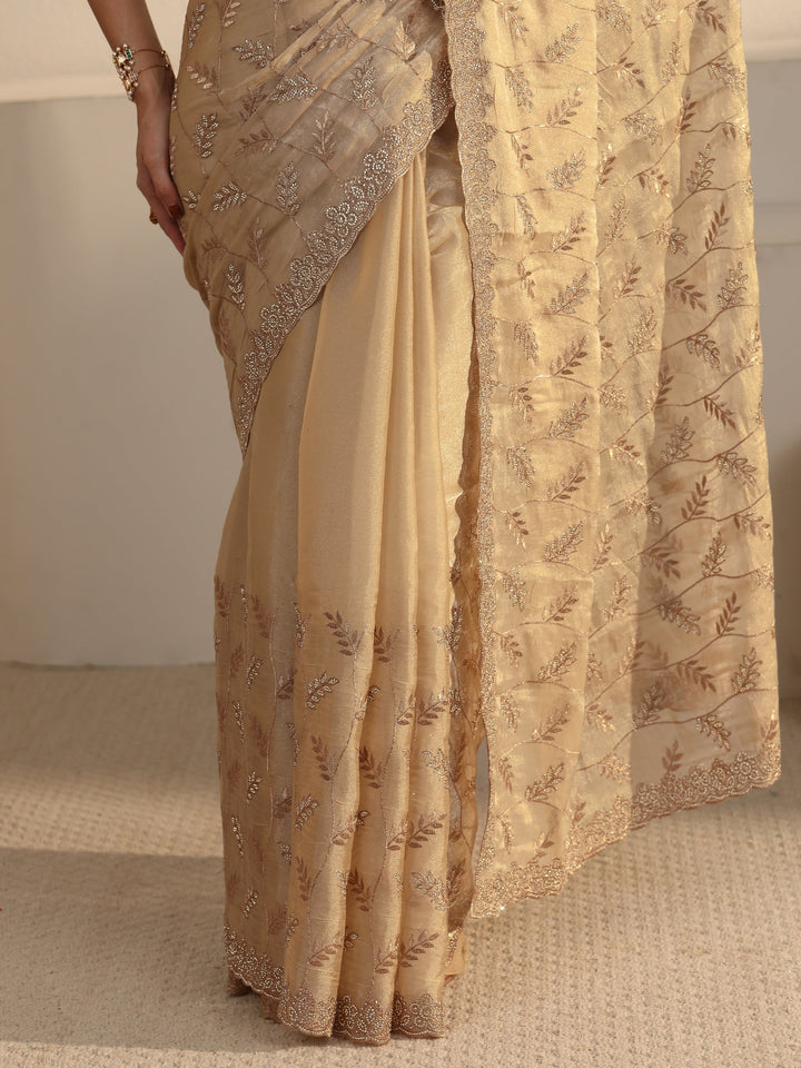 Libas Art Beige Leafy Stone Work Embellished Tissue Saree