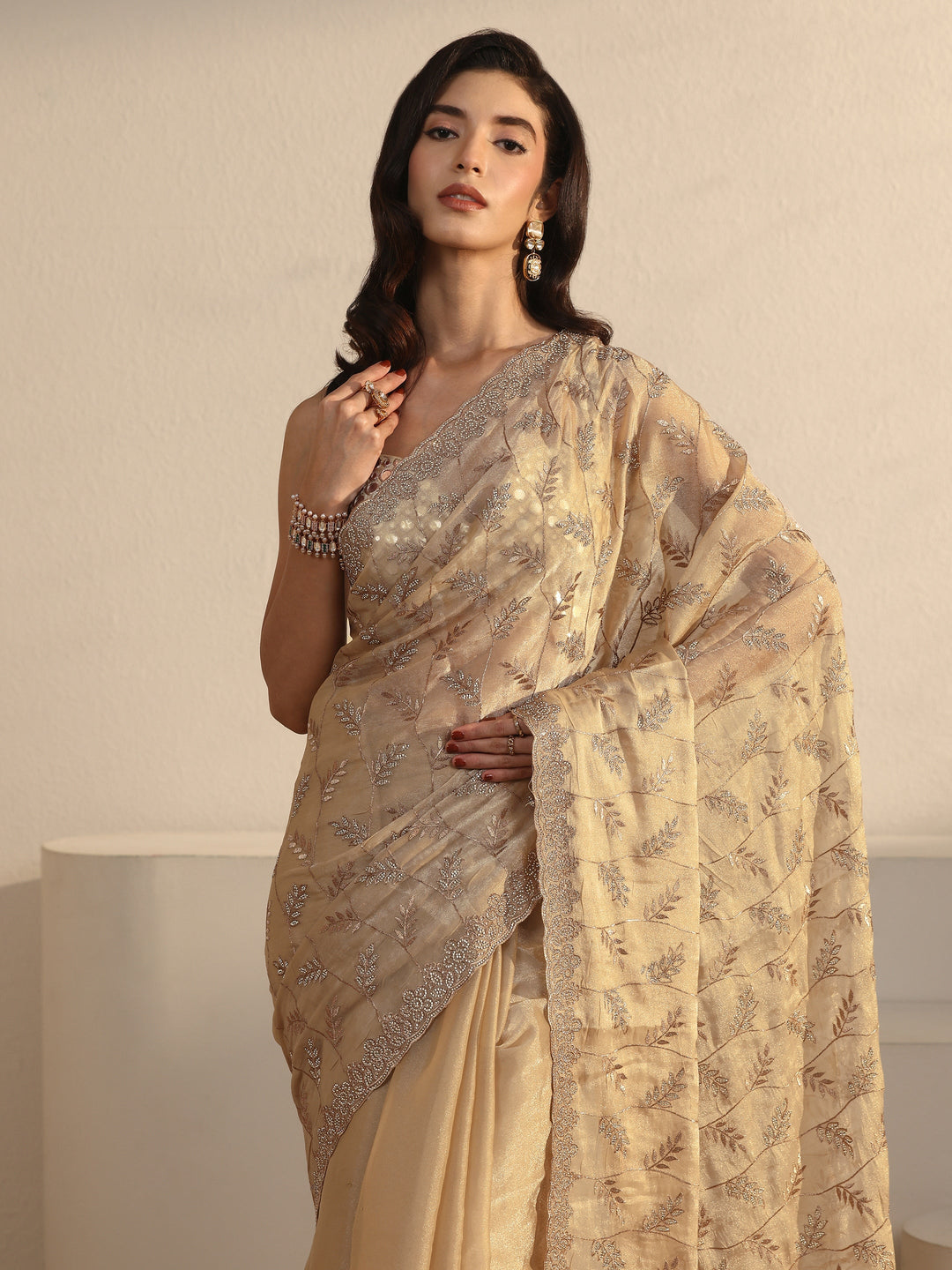 Libas Art Beige Leafy Stone Work Embellished Tissue Saree