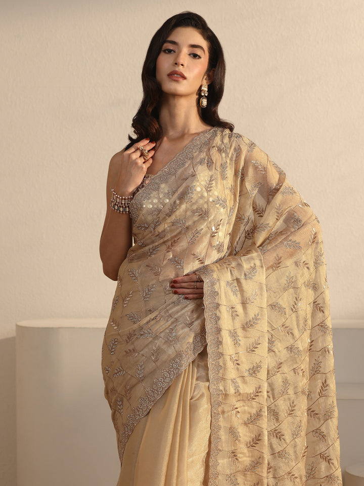 Libas Art Beige Leafy Stone Work Embellished Tissue Saree