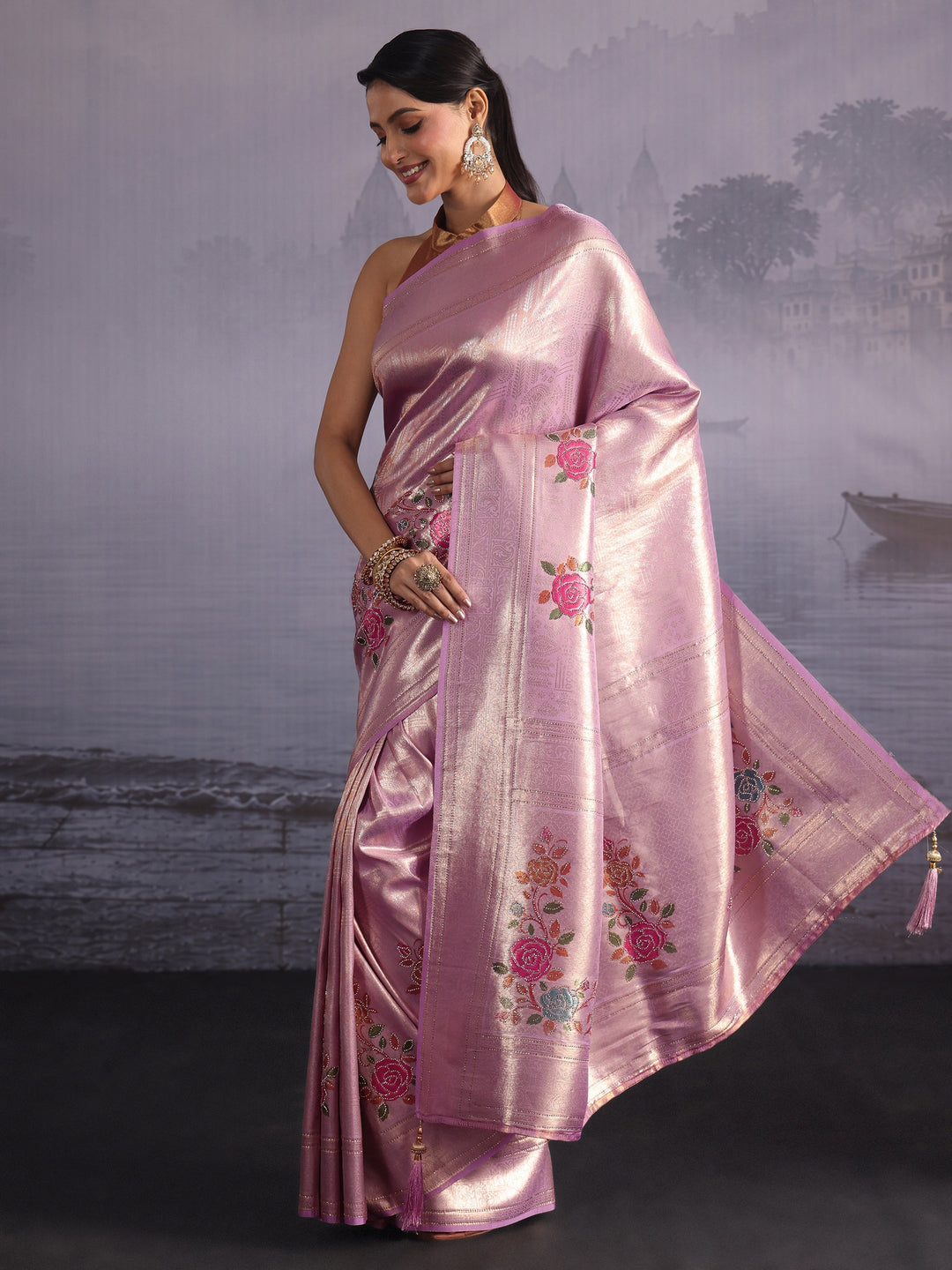 Libas Lavender Floral Woven Design Embellished Silk Saree