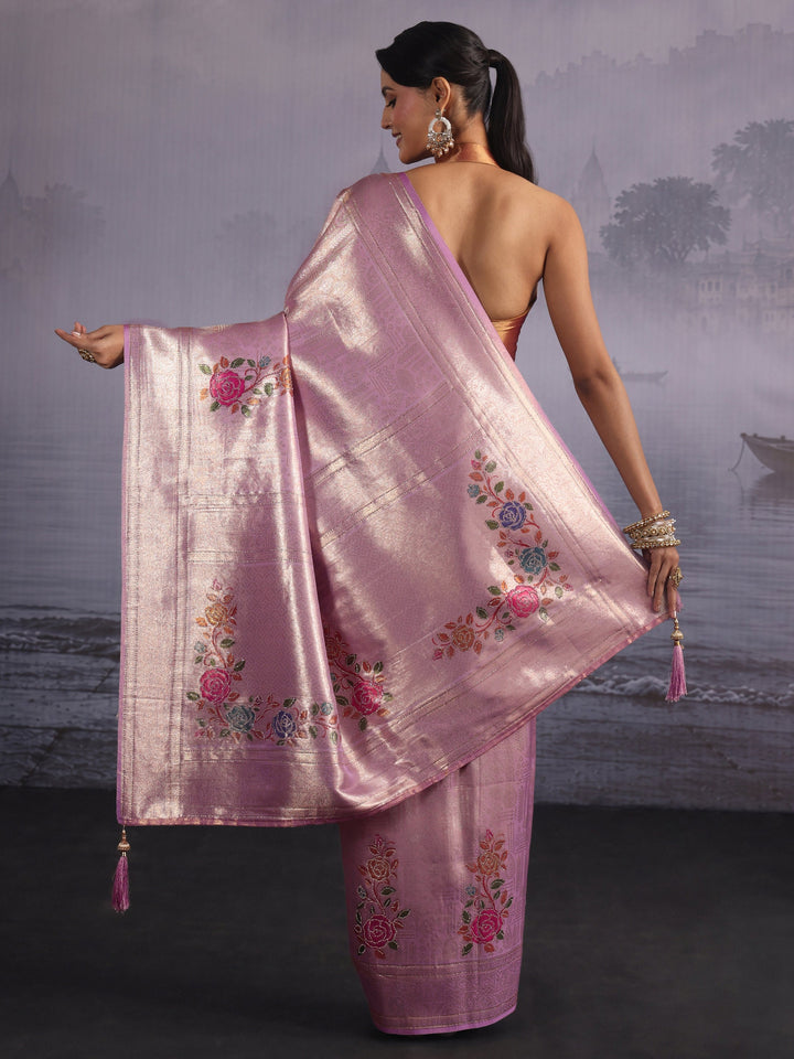Libas Lavender Floral Woven Design Embellished Silk Saree