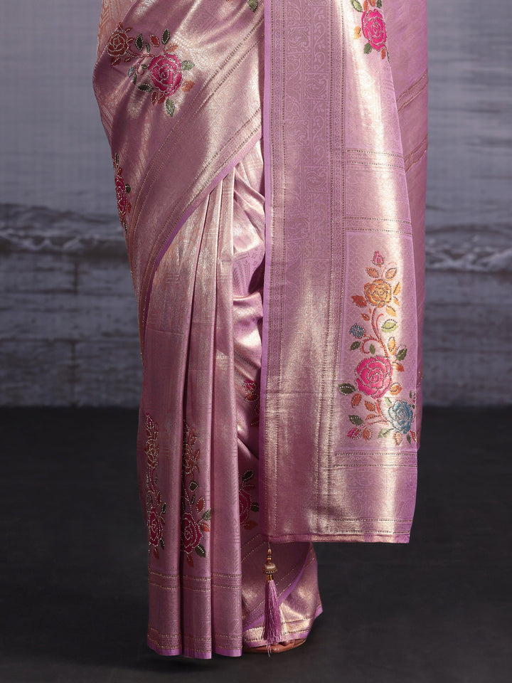 Libas Lavender Floral Woven Design Embellished Silk Saree