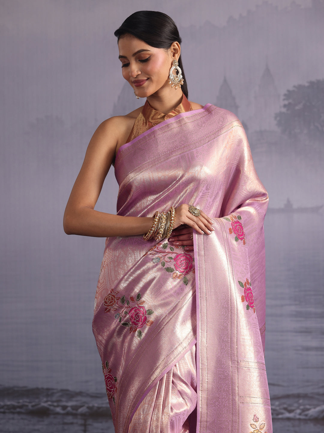 Libas Lavender Floral Woven Design Embellished Silk Saree