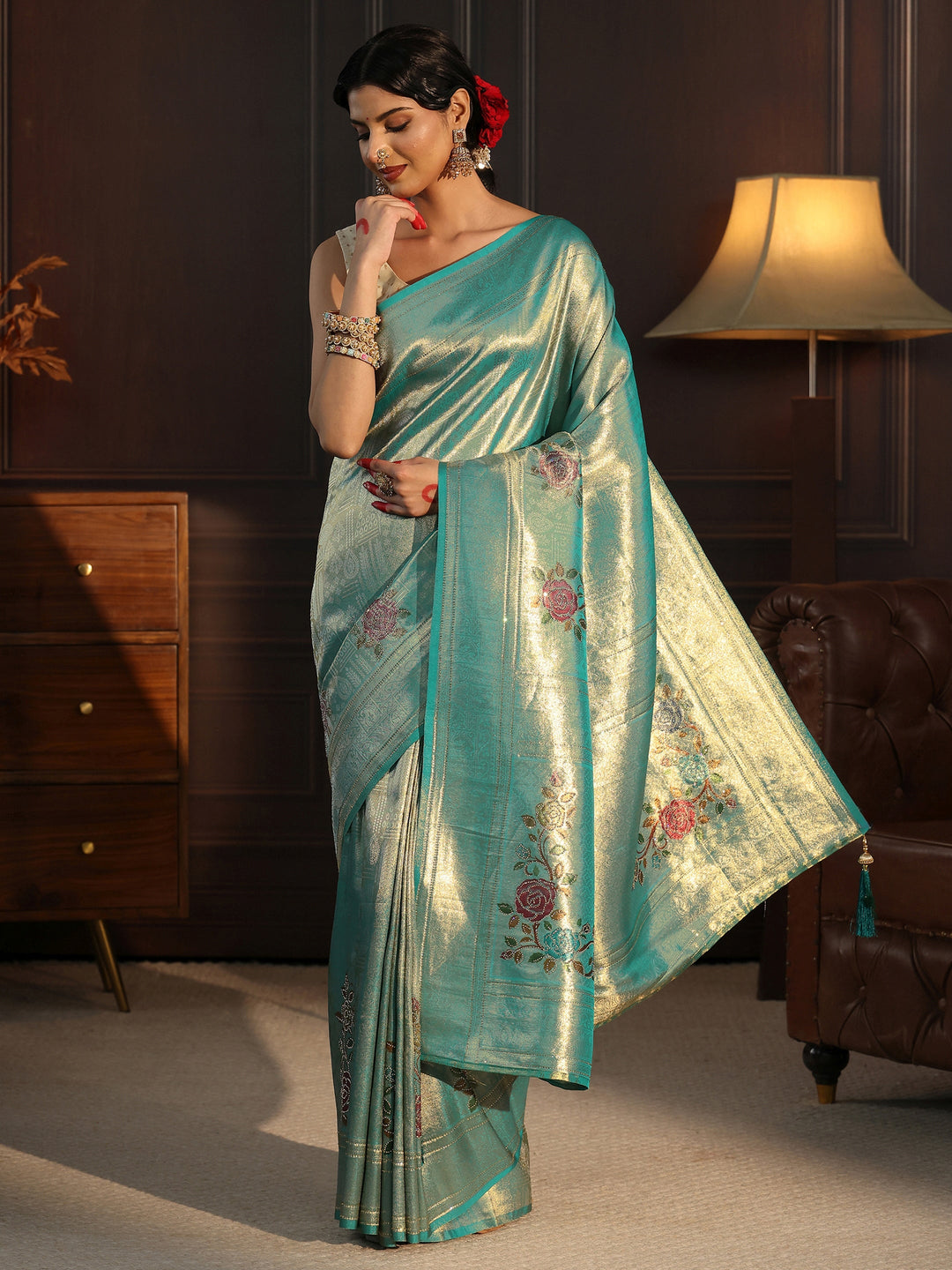 Libas Aqua Blue Banarasi Silk Saree with Floral Stone Work