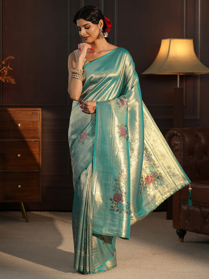 Libas Aqua Blue Banarasi Silk Saree with Floral Stone Work