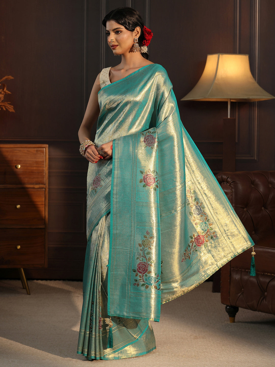 Libas Aqua Blue Banarasi Silk Saree with Floral Stone Work