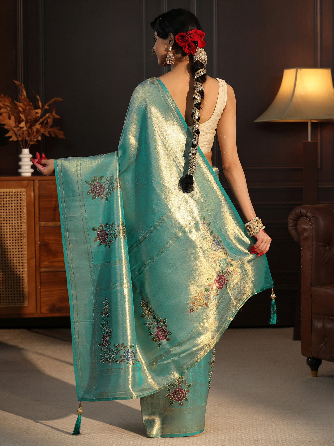 Libas Aqua Blue Banarasi Silk Saree with Floral Stone Work